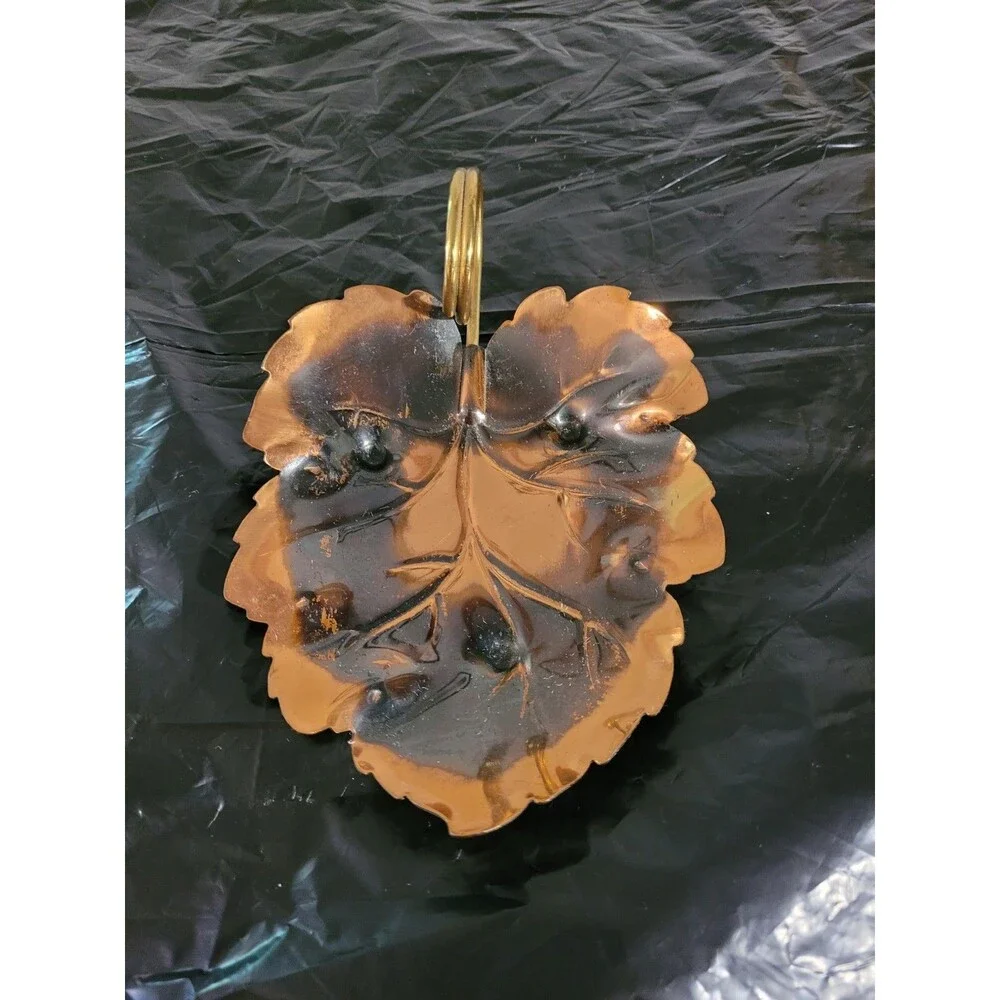 Vintage Copper Leaf Dish Tray Change Keys Brass Handle Patina